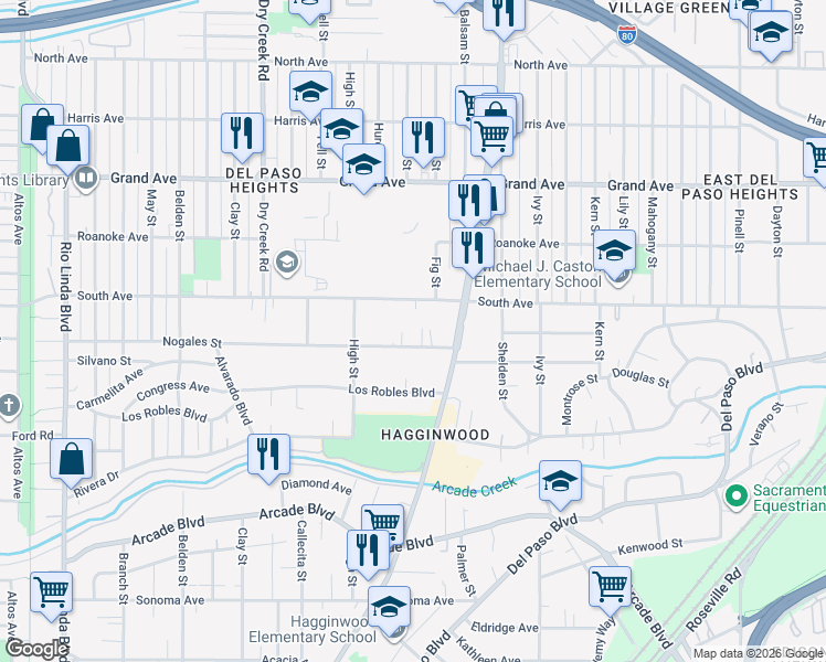 map of restaurants, bars, coffee shops, grocery stores, and more near 1522 South Avenue in Sacramento