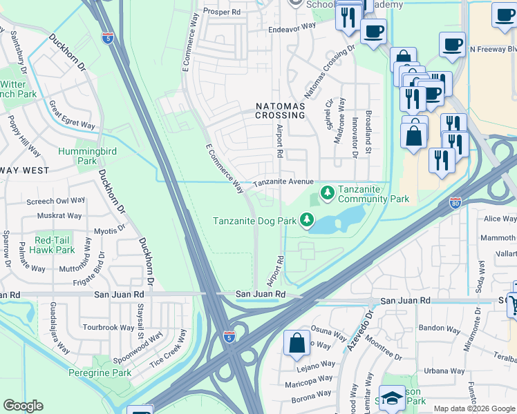 map of restaurants, bars, coffee shops, grocery stores, and more near 3441-3547 Airport Road in Sacramento