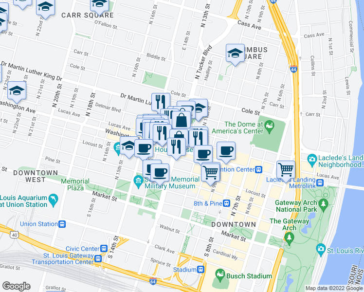 map of restaurants, bars, coffee shops, grocery stores, and more near in St. Louis