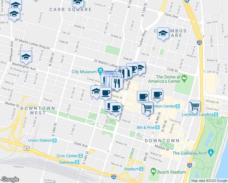map of restaurants, bars, coffee shops, grocery stores, and more near 1228 Lucas Avenue in St. Louis