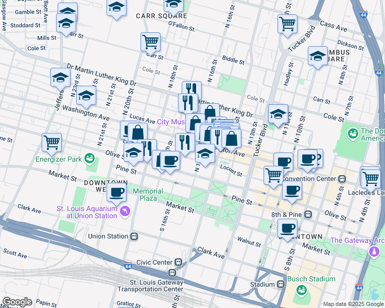 map of restaurants, bars, coffee shops, grocery stores, and more near in St. Louis