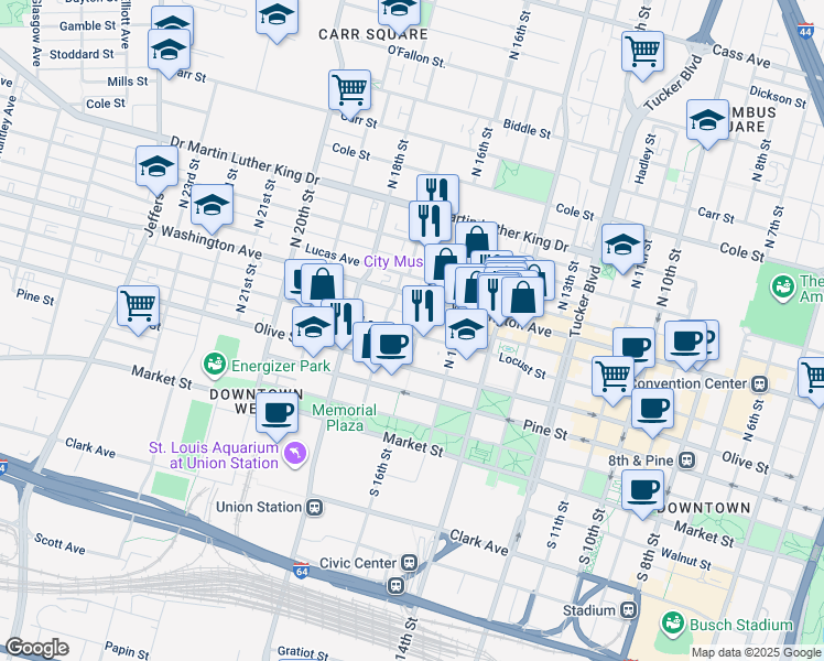 map of restaurants, bars, coffee shops, grocery stores, and more near 1520 Washington Avenue in St. Louis