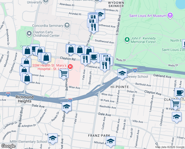 map of restaurants, bars, coffee shops, grocery stores, and more near 1020 Blendon Place in Richmond Heights