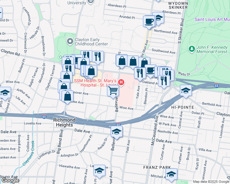 map of restaurants, bars, coffee shops, grocery stores, and more near 1035C Bellevue Avenue in Richmond Heights