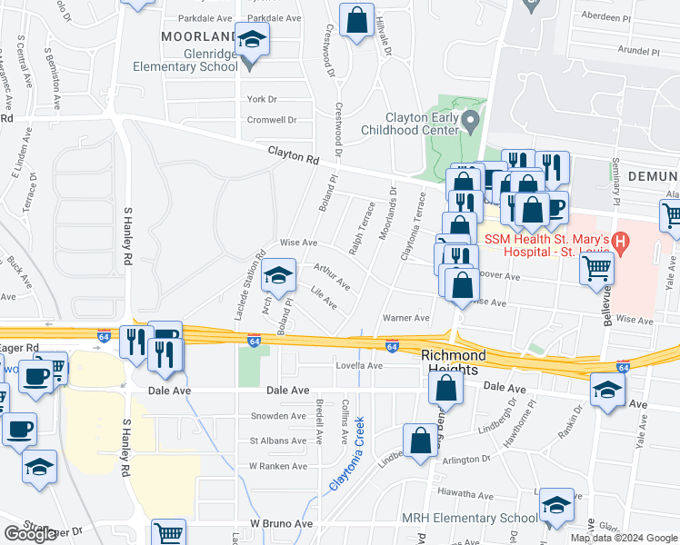 map of restaurants, bars, coffee shops, grocery stores, and more near 7731 Arthur Avenue in Richmond Heights