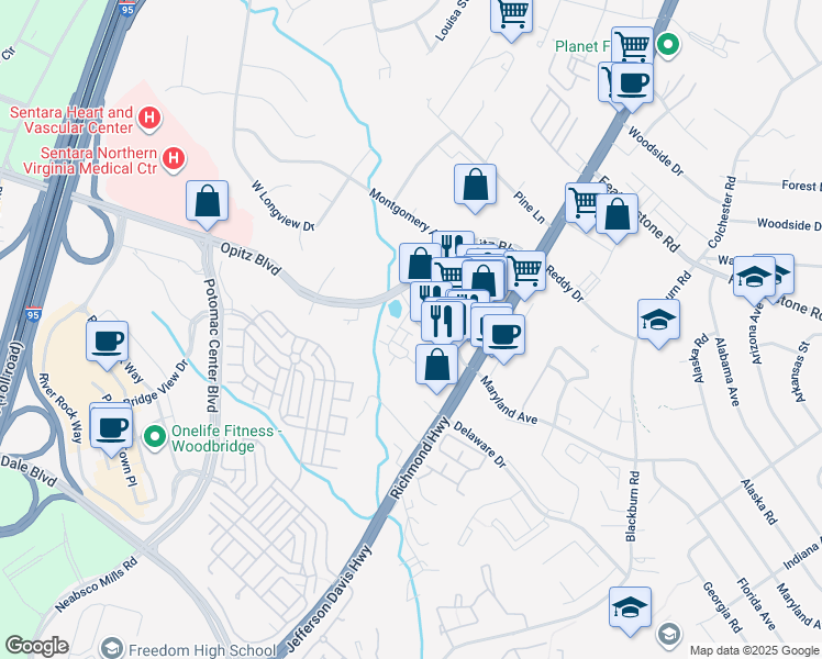 map of restaurants, bars, coffee shops, grocery stores, and more near 14693 Mason Creek Circle in Woodbridge