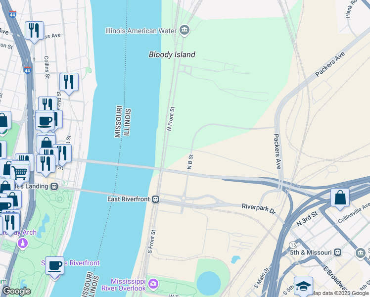 map of restaurants, bars, coffee shops, grocery stores, and more near 650 West Missouri Avenue in East St. Louis