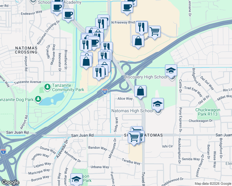 map of restaurants, bars, coffee shops, grocery stores, and more near 76 Seraspi Court in Sacramento