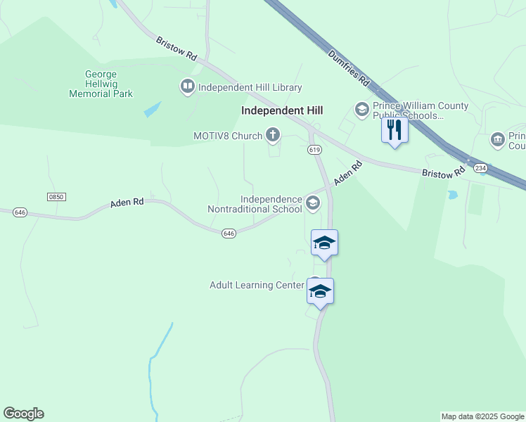map of restaurants, bars, coffee shops, grocery stores, and more near 14555 Aden Road in Manassas