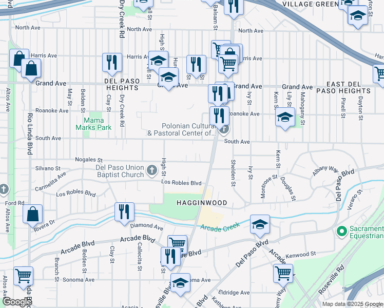 map of restaurants, bars, coffee shops, grocery stores, and more near 1522 South Avenue in Sacramento