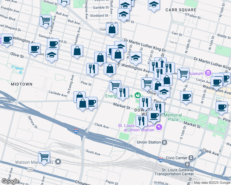 map of restaurants, bars, coffee shops, grocery stores, and more near 2315 Pine St in St Louis