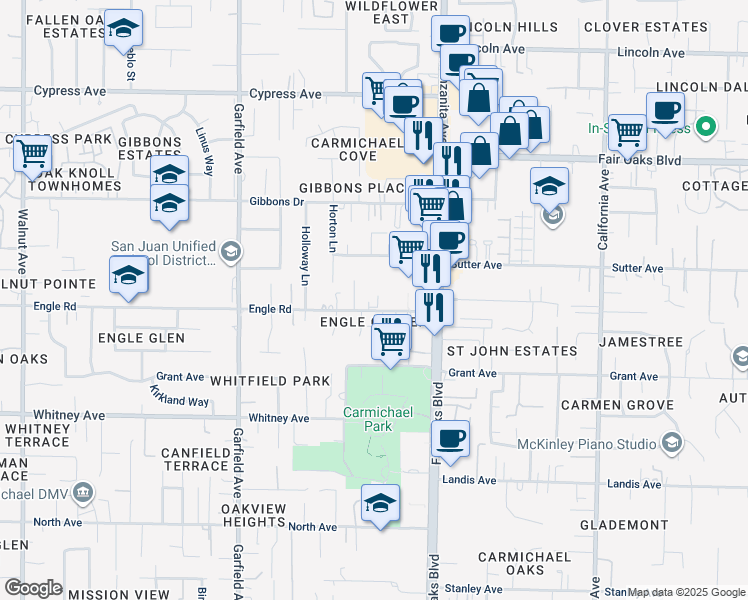 map of restaurants, bars, coffee shops, grocery stores, and more near 5729 Engle Road in Carmichael