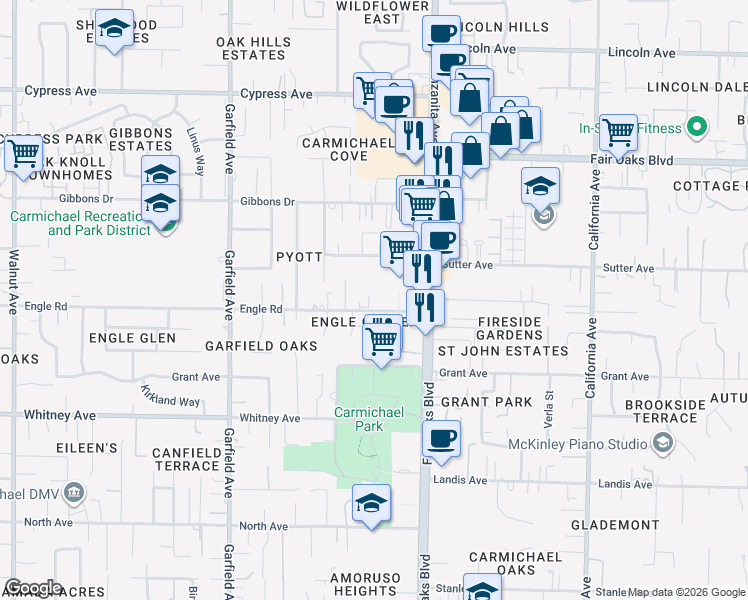 map of restaurants, bars, coffee shops, grocery stores, and more near 5735 Engle Road in Carmichael