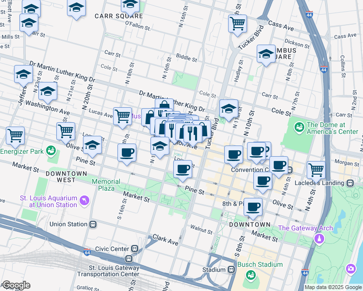 map of restaurants, bars, coffee shops, grocery stores, and more near 1312 Washington Avenue in St. Louis