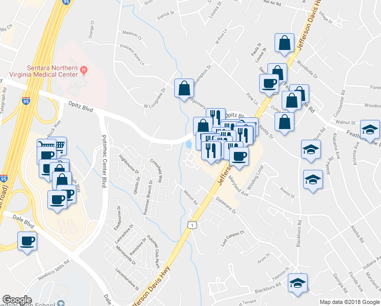 map of restaurants, bars, coffee shops, grocery stores, and more near 14720 Mason Creek Circle in Woodbridge