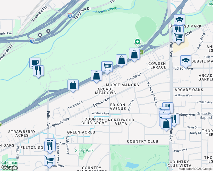map of restaurants, bars, coffee shops, grocery stores, and more near 3709 Morse Avenue in Sacramento
