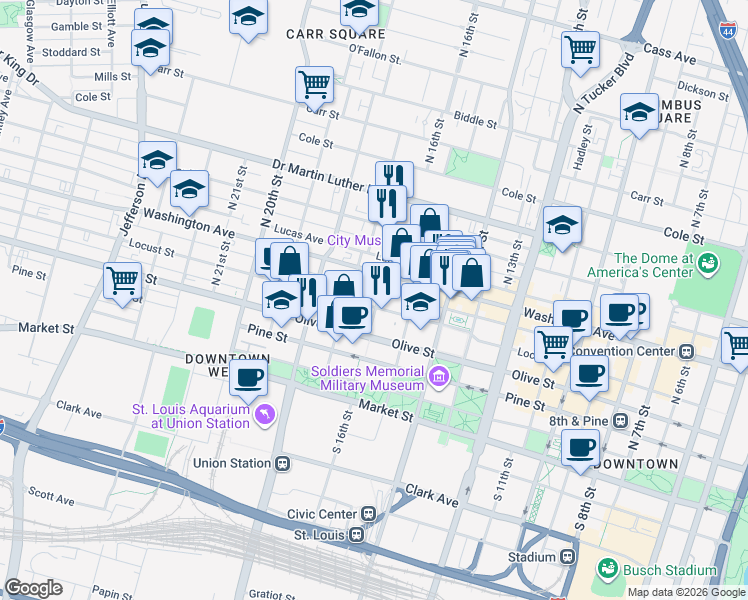 map of restaurants, bars, coffee shops, grocery stores, and more near 1601 Locust Street in St. Louis