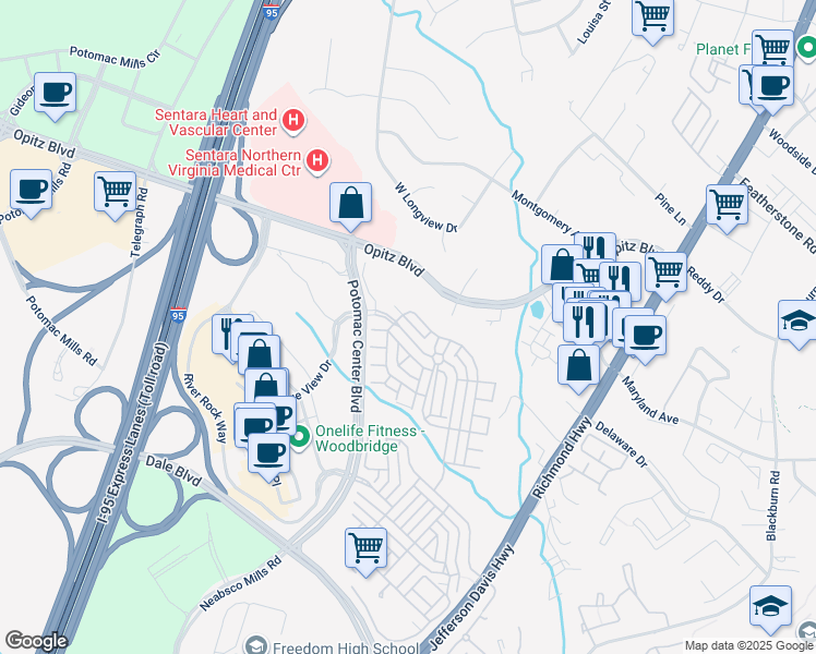 map of restaurants, bars, coffee shops, grocery stores, and more near 14733 Potomac Branch Drive in Woodbridge