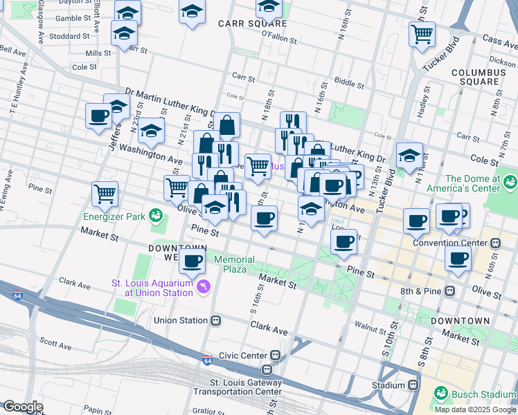 map of restaurants, bars, coffee shops, grocery stores, and more near Locust St & N 17th St in St Louis