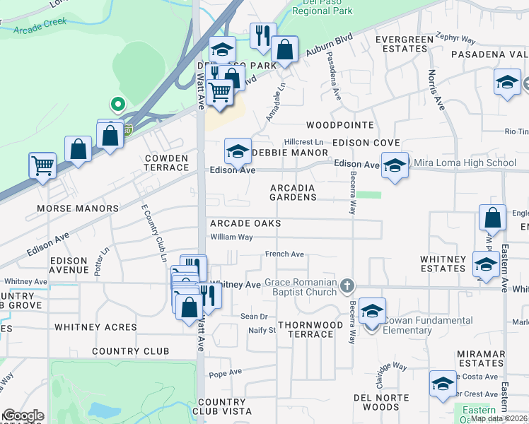 map of restaurants, bars, coffee shops, grocery stores, and more near 3661 Montclaire Street in Sacramento
