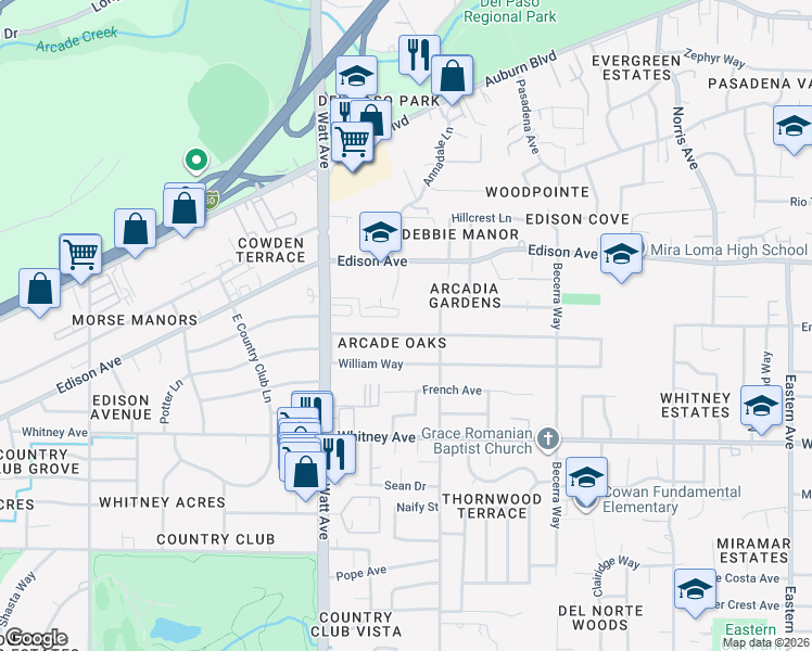 map of restaurants, bars, coffee shops, grocery stores, and more near West Way in Sacramento