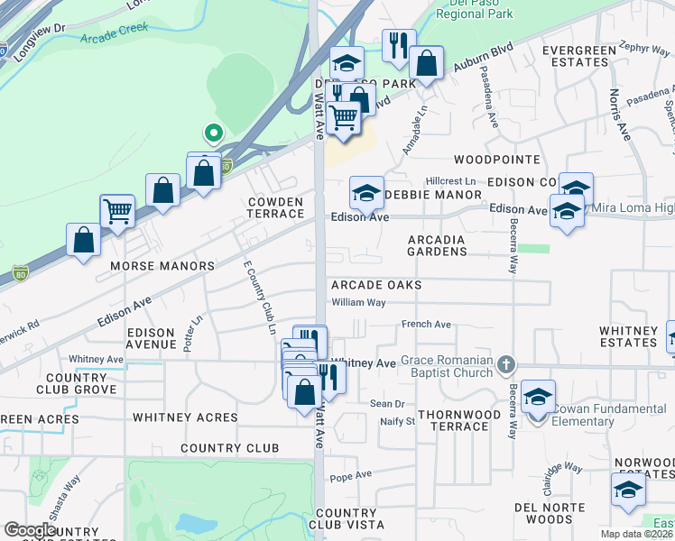 map of restaurants, bars, coffee shops, grocery stores, and more near 3551 West Way in Sacramento