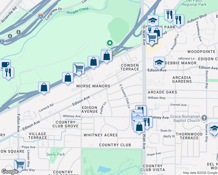 map of restaurants, bars, coffee shops, grocery stores, and more near 3315 Edison Avenue in Sacramento