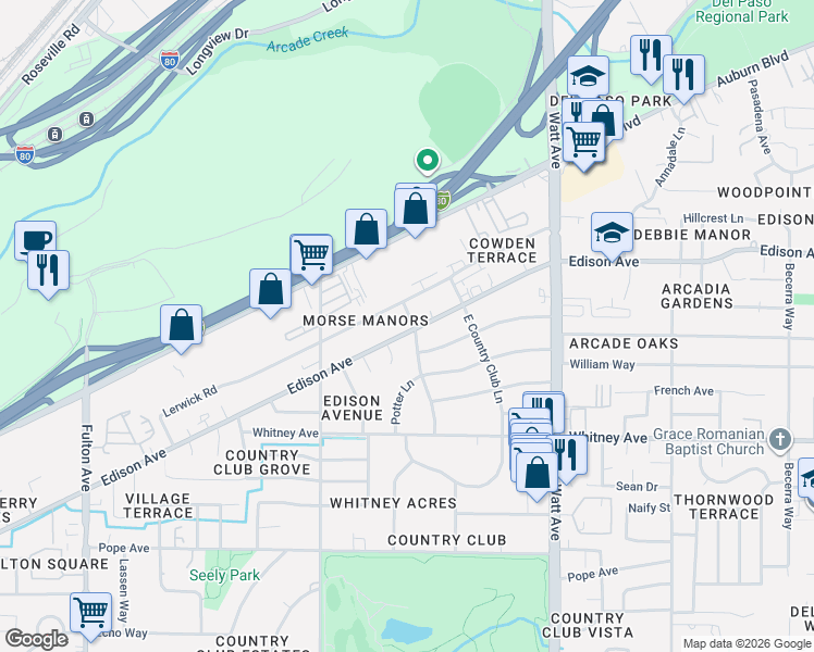 map of restaurants, bars, coffee shops, grocery stores, and more near in Arden-Arcade