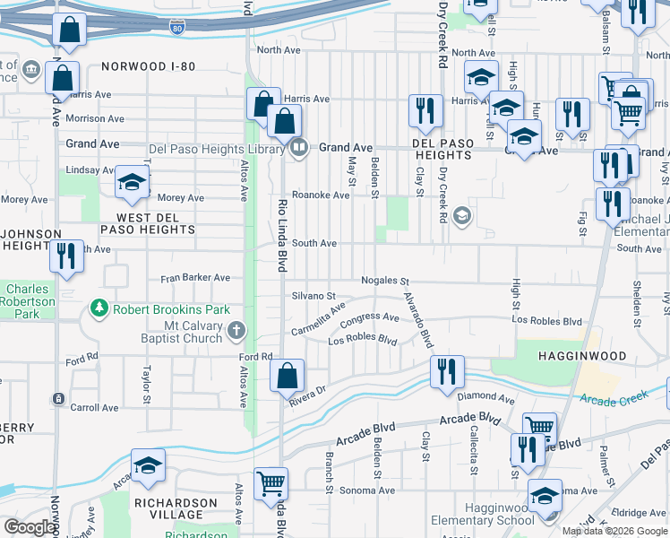map of restaurants, bars, coffee shops, grocery stores, and more near 3529 May Street in Sacramento