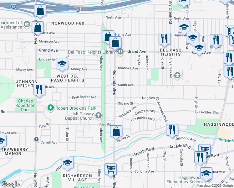 map of restaurants, bars, coffee shops, grocery stores, and more near 3522 Rio Linda Boulevard in Sacramento
