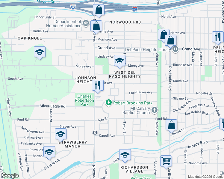 map of restaurants, bars, coffee shops, grocery stores, and more near 3545 Mamie Jennings Way in Sacramento