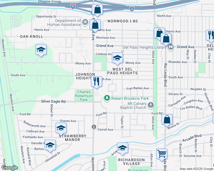 map of restaurants, bars, coffee shops, grocery stores, and more near 3545 Mamie Jennings Way in Sacramento