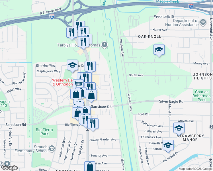 map of restaurants, bars, coffee shops, grocery stores, and more near 3545 Mobile Way in Sacramento