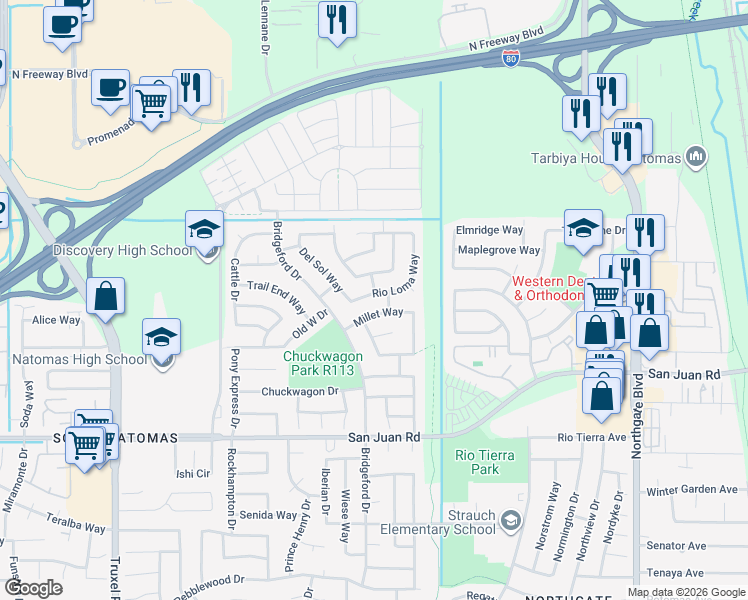 map of restaurants, bars, coffee shops, grocery stores, and more near 3547 Rio Loma Way in Sacramento