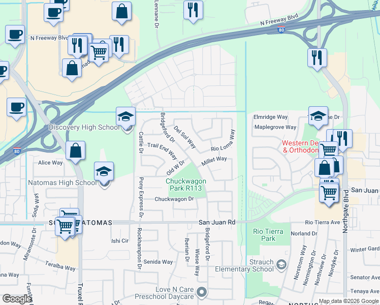 map of restaurants, bars, coffee shops, grocery stores, and more near 3512 Del Sol Way in Sacramento