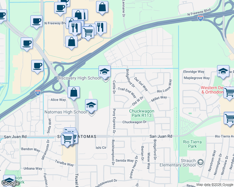 map of restaurants, bars, coffee shops, grocery stores, and more near 1380 Trail End Way in Sacramento