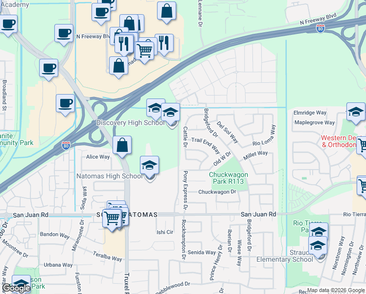 map of restaurants, bars, coffee shops, grocery stores, and more near 1380 Trail End Way in Sacramento