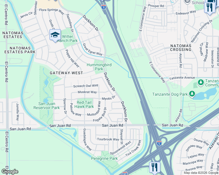 map of restaurants, bars, coffee shops, grocery stores, and more near 3448 Loggerhead Way in Sacramento