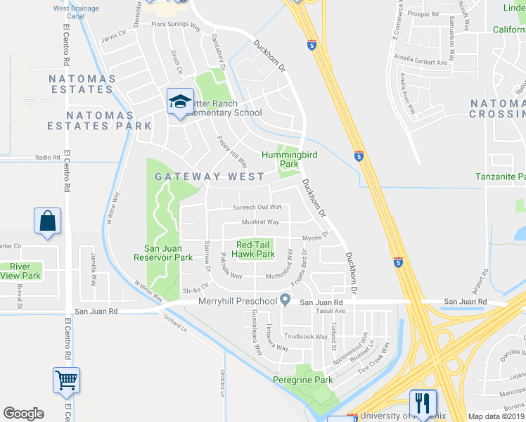 map of restaurants, bars, coffee shops, grocery stores, and more near 2798 Screech Owl Way in Sacramento
