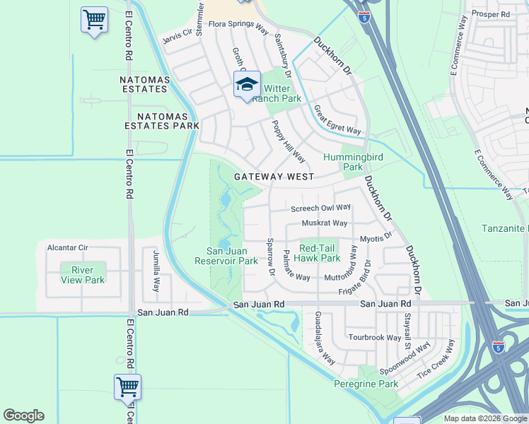 map of restaurants, bars, coffee shops, grocery stores, and more near 3192 Sparrow Drive in Sacramento