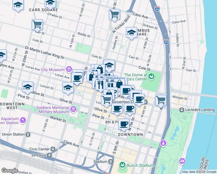 map of restaurants, bars, coffee shops, grocery stores, and more near 1104 Convention Plaza in St. Louis