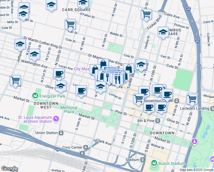 map of restaurants, bars, coffee shops, grocery stores, and more near 500-514 North 14th Street in St. Louis