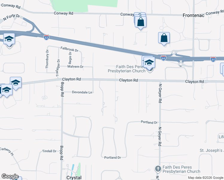 map of restaurants, bars, coffee shops, grocery stores, and more near 11420 Clayton Road in Frontenac