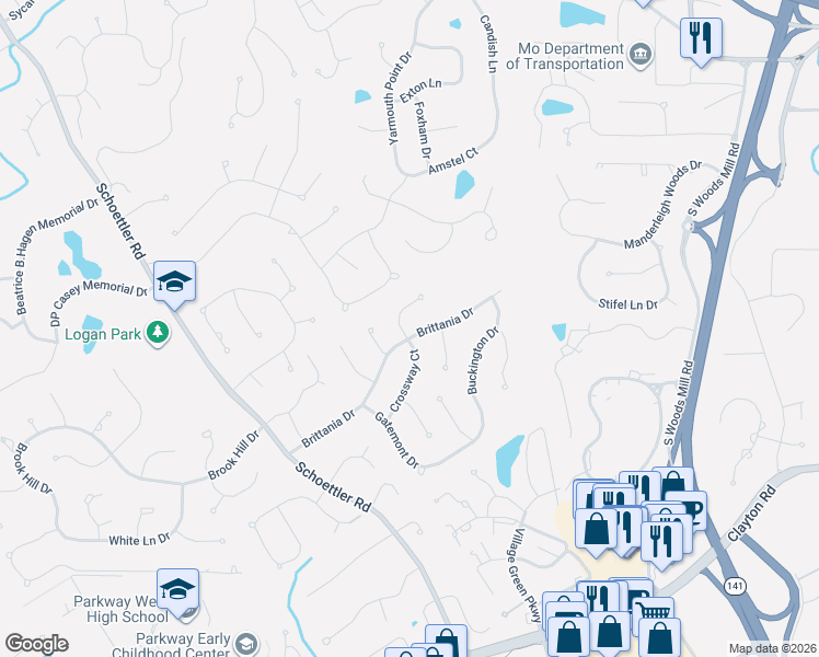 map of restaurants, bars, coffee shops, grocery stores, and more near 14508 Crossway Court in Chesterfield