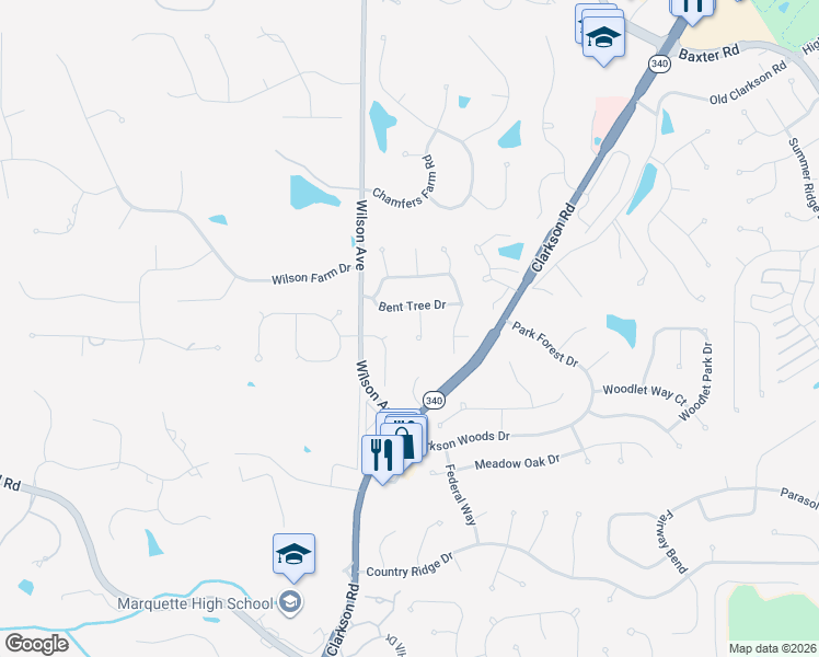 map of restaurants, bars, coffee shops, grocery stores, and more near 16252 Bent Tree Drive in Chesterfield