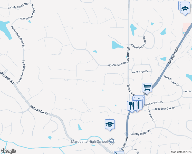 map of restaurants, bars, coffee shops, grocery stores, and more near 2018 Wilson Farm Court in Chesterfield
