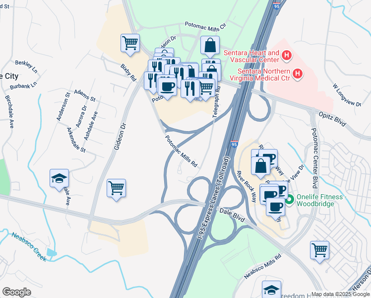 map of restaurants, bars, coffee shops, grocery stores, and more near 14709 Potomac Mills Road in Woodbridge