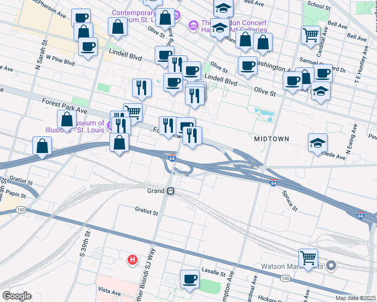 map of restaurants, bars, coffee shops, grocery stores, and more near 374 South Grand Boulevard in St. Louis
