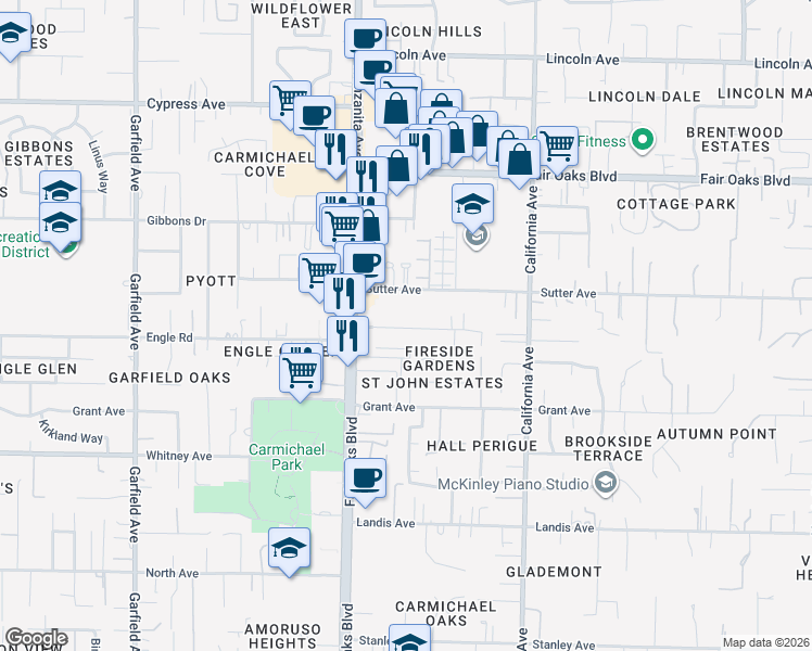 map of restaurants, bars, coffee shops, grocery stores, and more near 5945 Shirley Ave in Carmichael