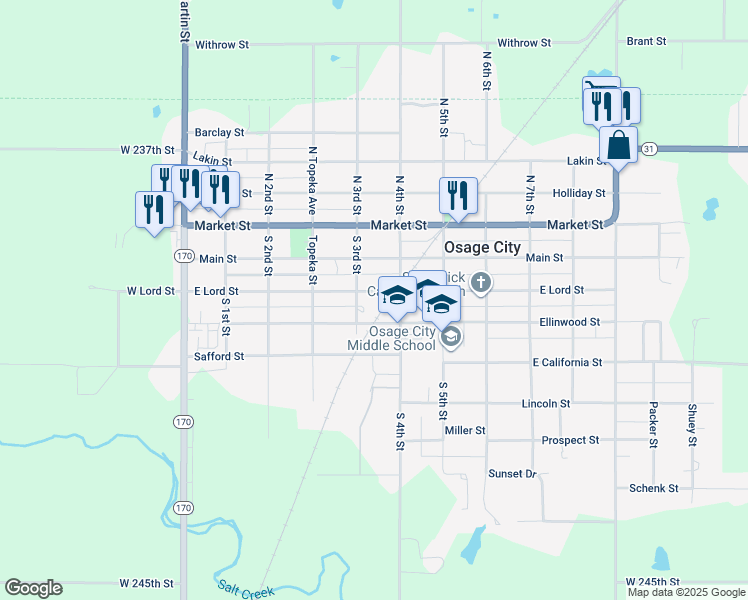 map of restaurants, bars, coffee shops, grocery stores, and more near 313 Lord Street in Osage City